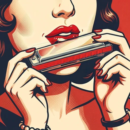 Pin-up-Poster: eine Frau mit roten Lippen und roten Nägeln spielt Mundharmonika