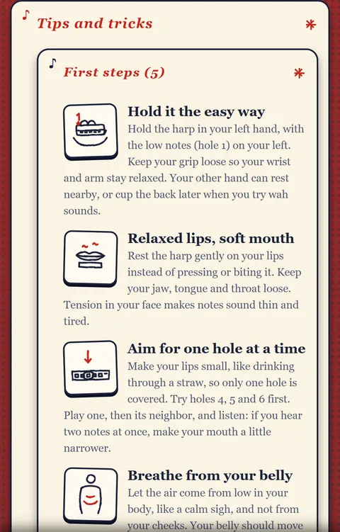 Tipps und Tricks: kurze Tipps zum Halten der Mundharmonika und zu lockeren Lippen, jeder mit einer Zeichnung